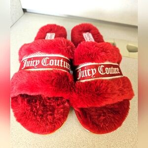 Juicy Couture Women's Faux Fur Slip On Slide Slippers ~ Size Large 8-10 RED EUC